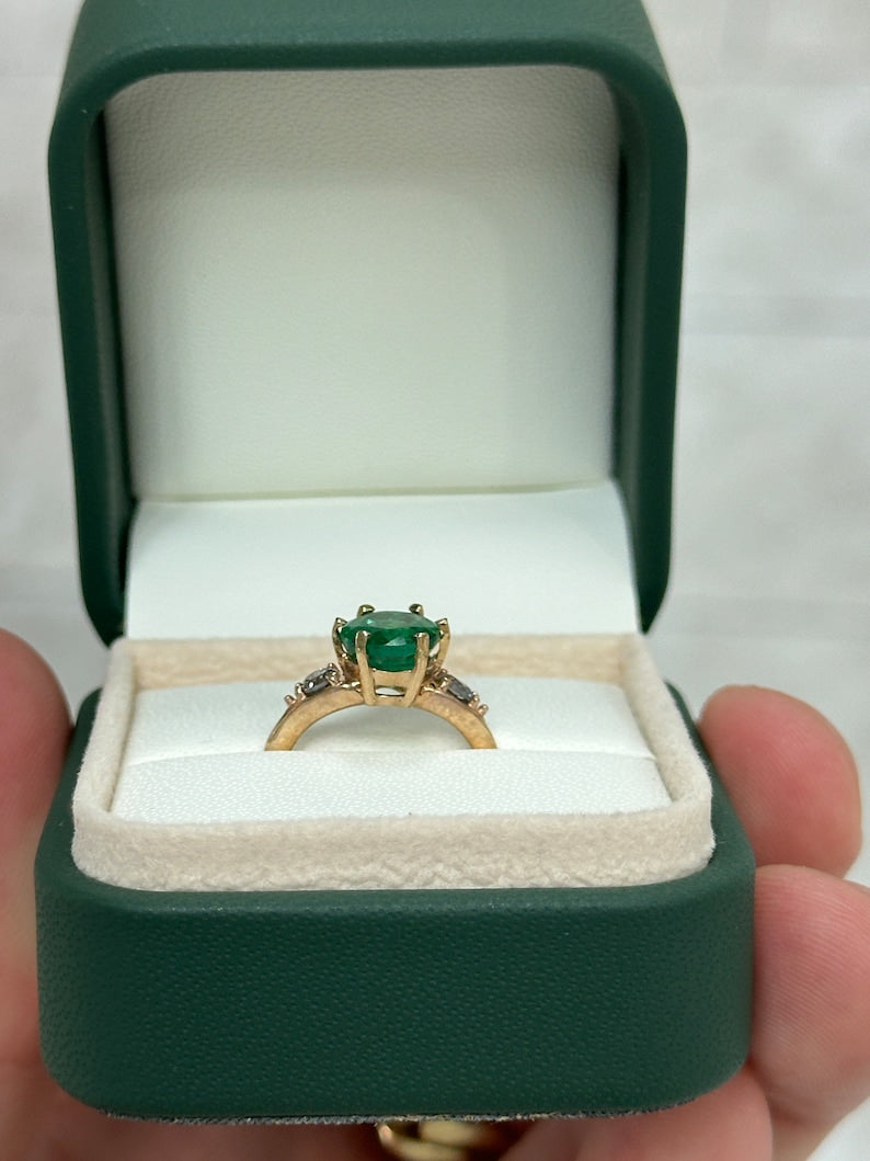 2.54tcw Oval Emerald & Round Cut Rich Green Diamond 6-Prong 3 Stone Ring 14K - JR Colombian Emeralds