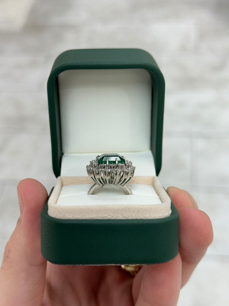 10.40tcw Natural Dark Deep Sea Green Vintage Emerald Cut Double Diamond 8 Prong Halo Ring - JR Colombian Emeralds