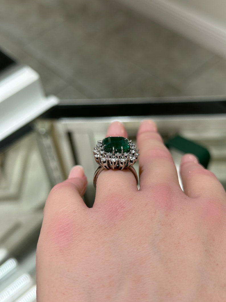 10.40tcw Natural Dark Deep Sea Green Vintage Emerald Cut Double Diamond 8 Prong Halo Ring - JR Colombian Emeralds