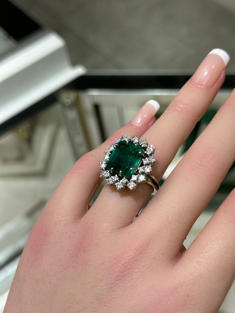 Vintage Style Double Diamond Halo Ring with 10.40tcw Dark Green Emerald Cut Stones