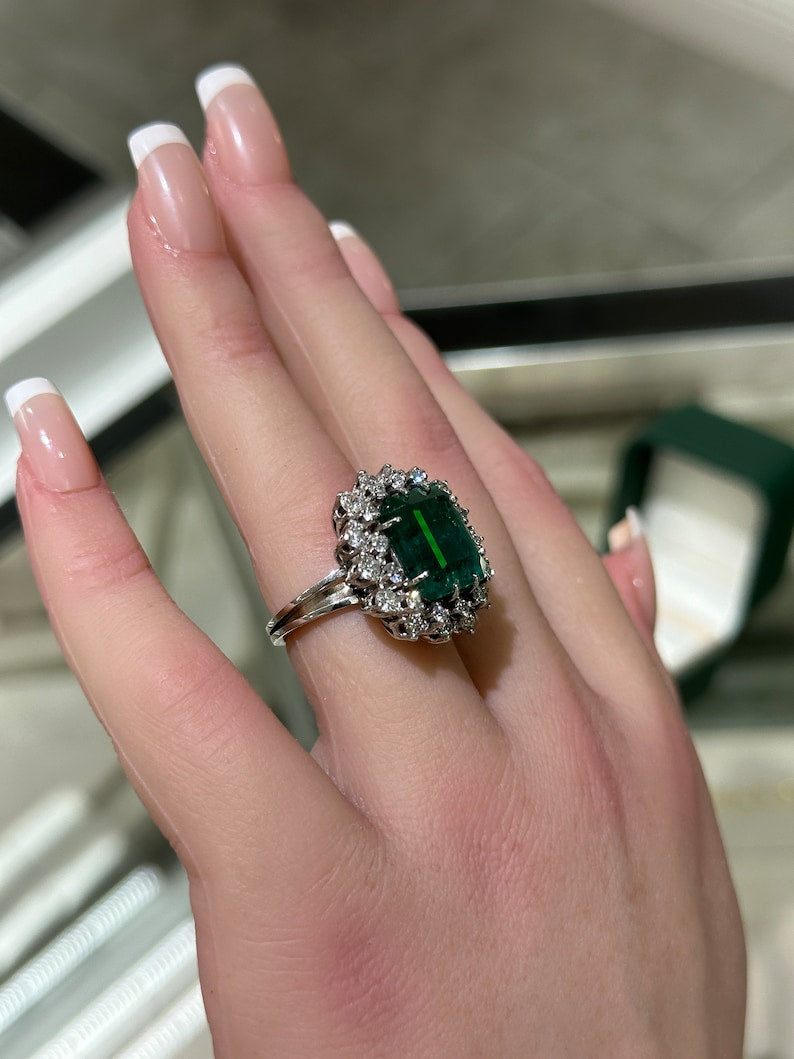 Emerald Cut Double Diamond Ring - 10.40tcw Natural Deep Sea Green in a Vintage Halo Design