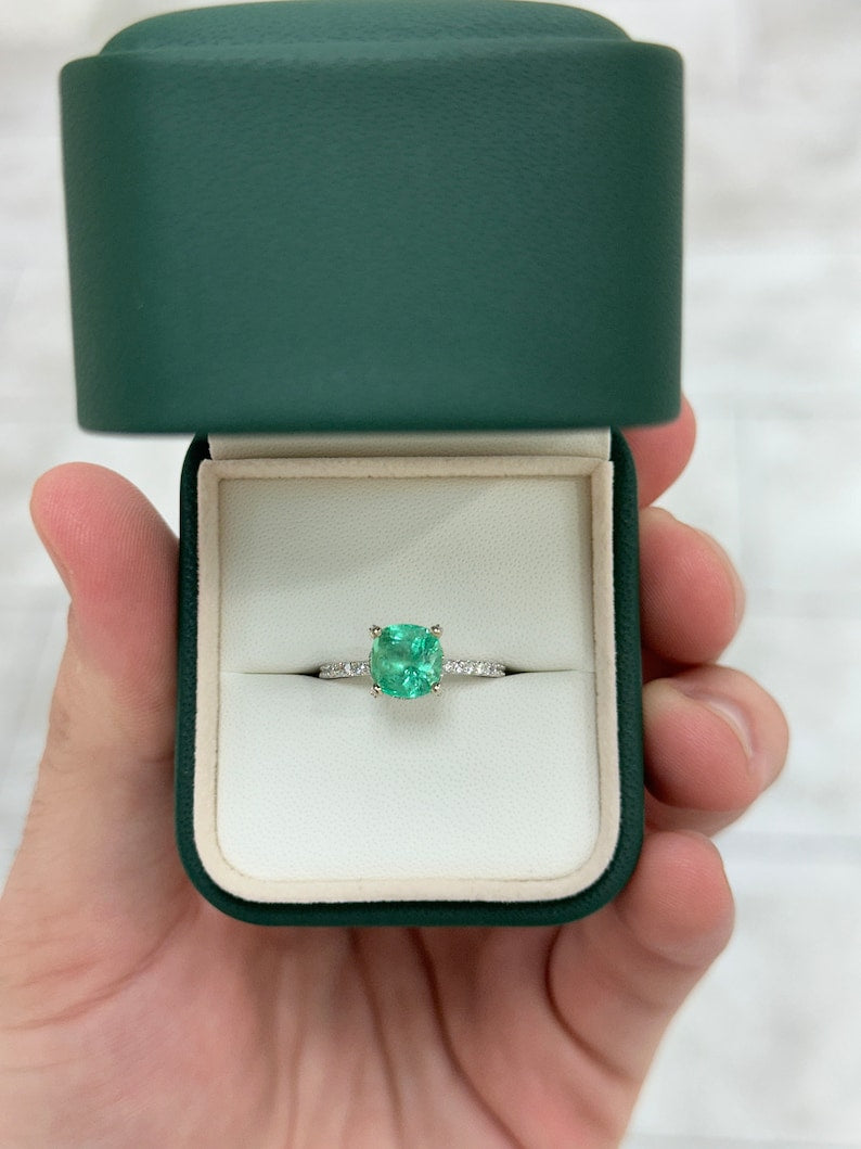 2.40tcw 14K 585 Gold Medium Light Green Cushion Emerald & Diamond Accent Engagement Ring - JR Colombian Emeralds