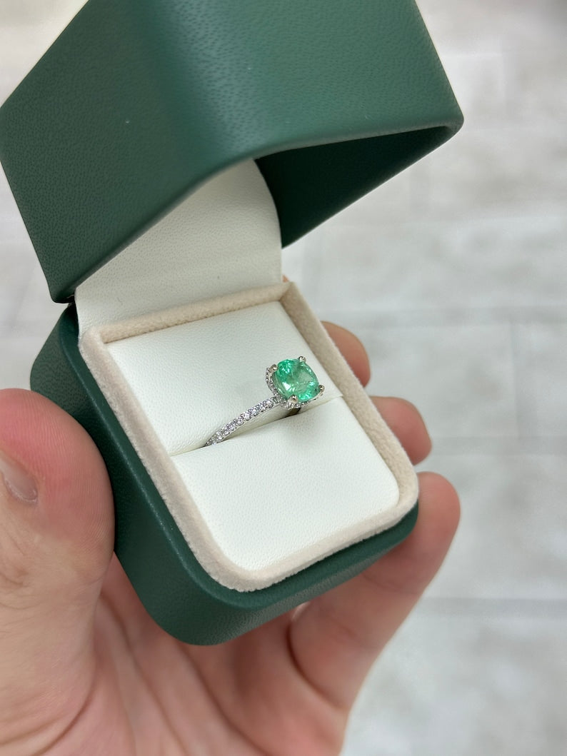 2.40tcw 14K 585 Gold Medium Light Green Cushion Emerald & Diamond Accent Engagement Ring - JR Colombian Emeralds