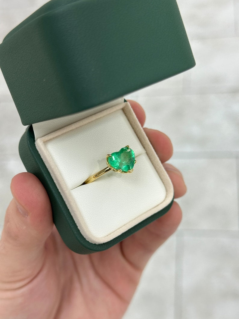 4.53ct 18K Vivid Yellowish-Green Hue Heart Cut Electric Emerald 5 Prong Solitaire Statement Ring in 750 Gold - JR Colombian Emeralds