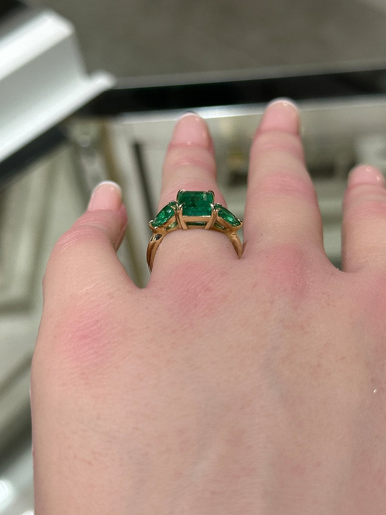 3.08tcw 14K 585 Gold Natural Asscher Cut Emerald & Pear Lush Dark Green Three Stone Ring