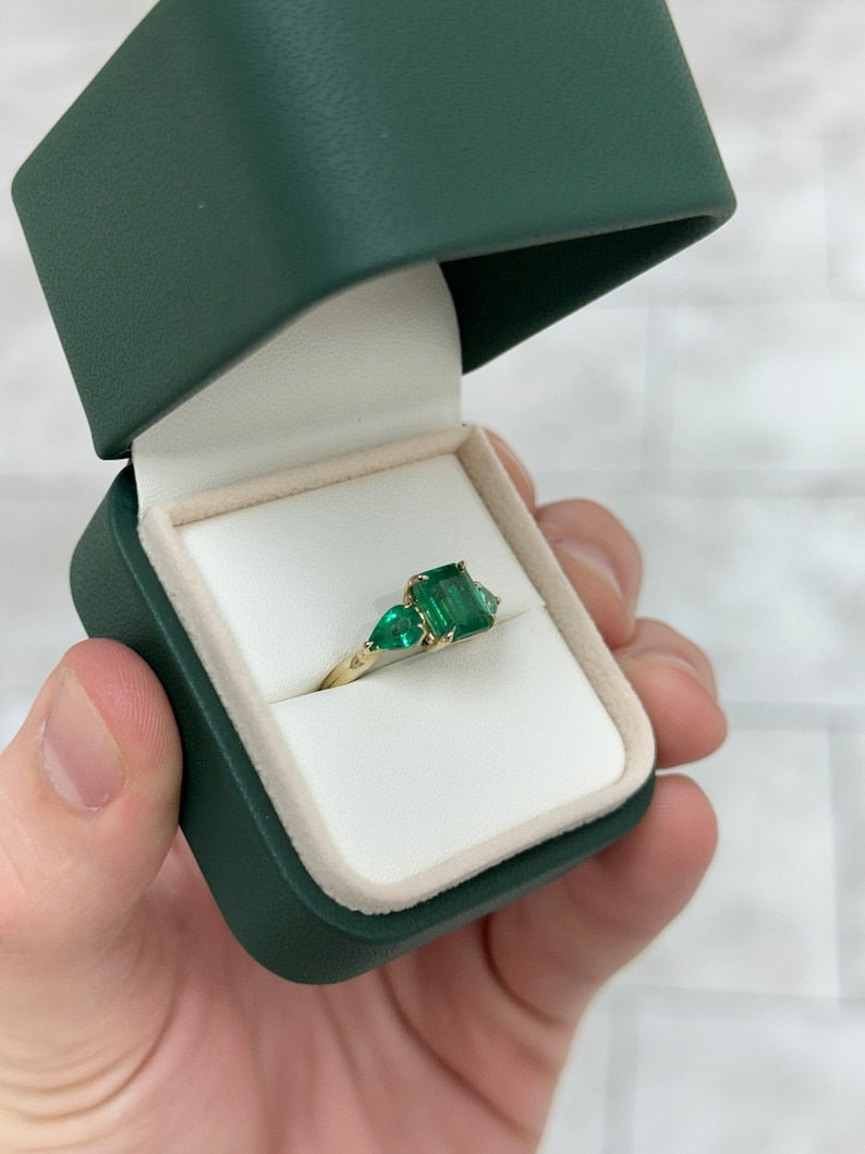 3.08tcw 14K Natural Emerald Cut Emerald & Pear Lush Dark Green Three Stone Ring - JR Colombian Emeralds