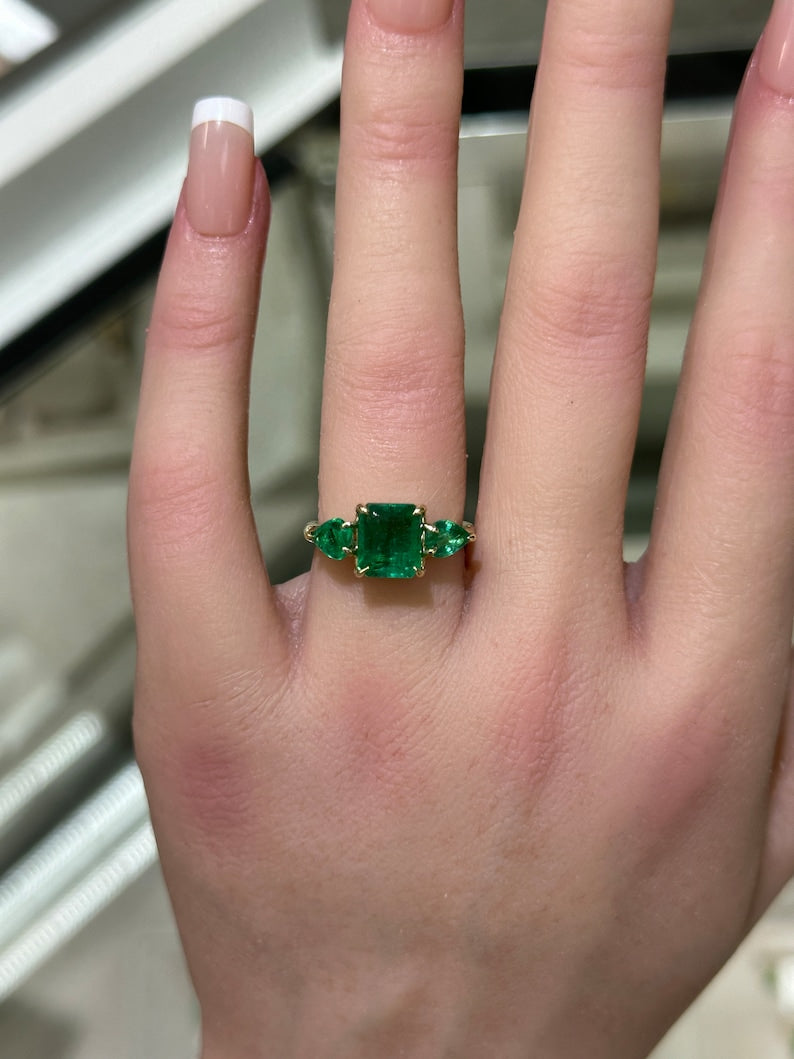 Three Stone Ring: 3.08tcw Asscher Cut Emerald & Pear in Luxurious 14K Gold