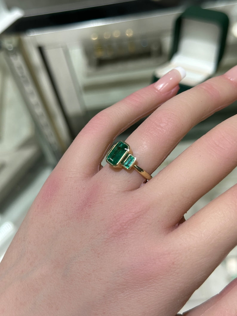 Luxurious 3-Stone Gold Ring: 14K Setting, 2.30 Total Carat Weight Natural Emerald Cut Trilogy in Deep Green