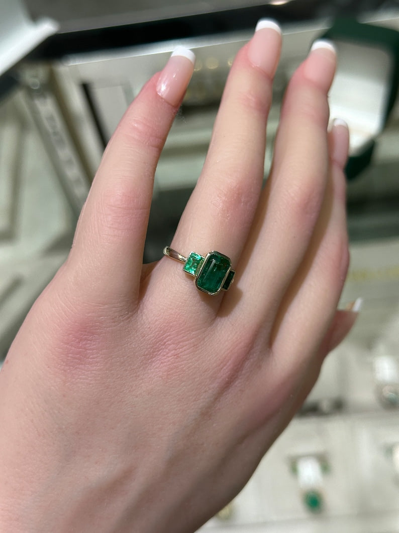 Elegant 585 Gold Ring with 2.30tcw Natural Emerald Cut Trilogy Stones in a Stunning Dark Green Shade