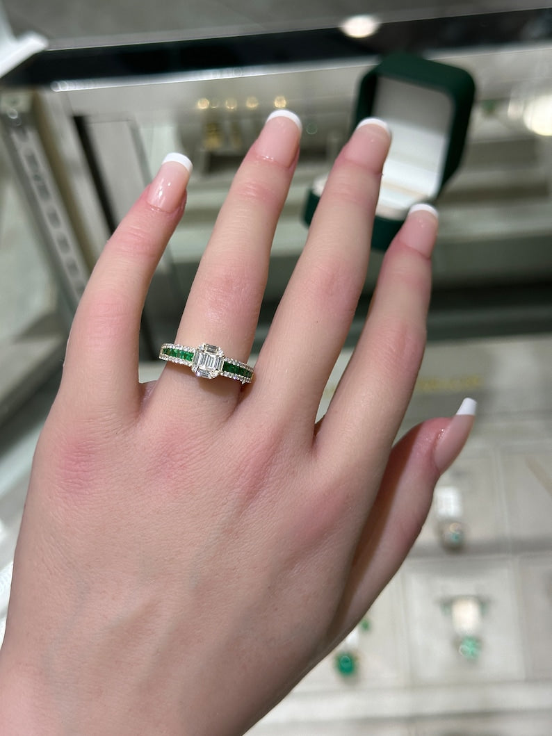 Right Hand Ring Featuring 1.30tcw 14K Asscher Shaped Diamond with Vivid Green Brilliant Round & Princess Cut Cluster