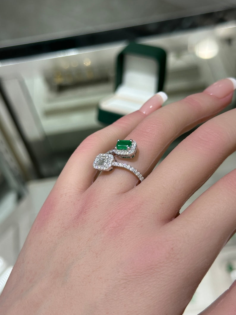 Elegant Bypass Shank Ring in White Gold with 1.51 Total Carat Weight of Dark Vivid Green Baguette Emerald and Round Cut Gems