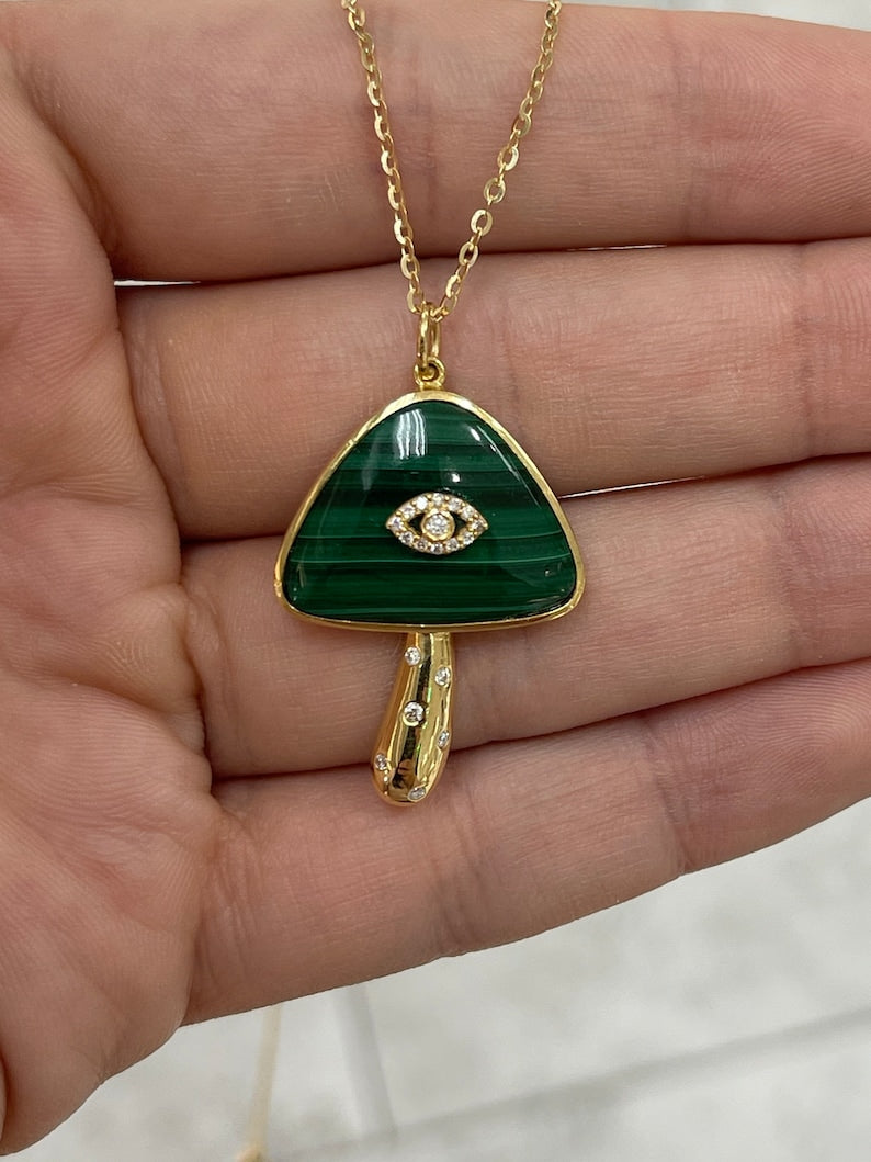 Natural Malachite & Diamond Mushroom Evil Eye Pendant – 14K Gold