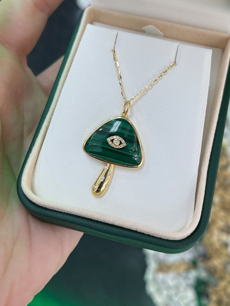 15.45tcw Malachite & Diamond Evil Eye Pendant Necklace in 14K Gold