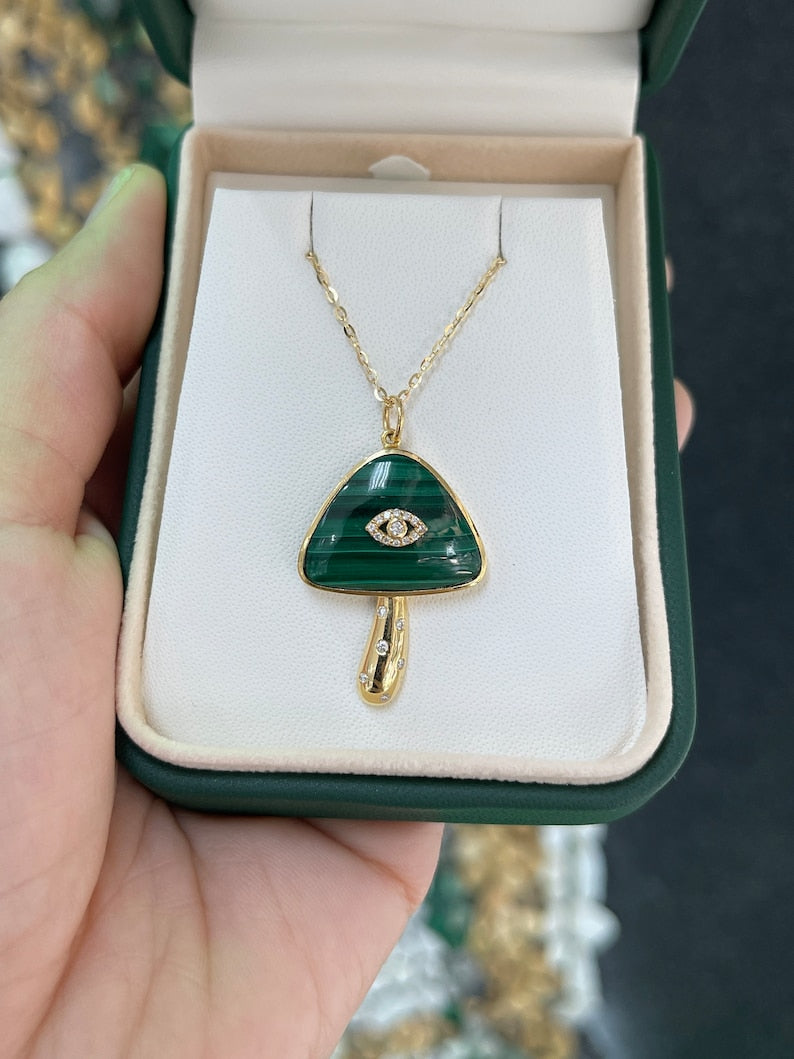 15.45tcw 14K Gold Necklace featuring Natural Malachite & Diamond Mushroom Evil Eye Pendant