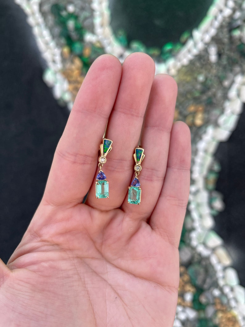 Trillion Cut Tanzanite Dangle Earrings: 3.66tcw 14K Gold with Natural Emerald, Diamond & Opal Elements