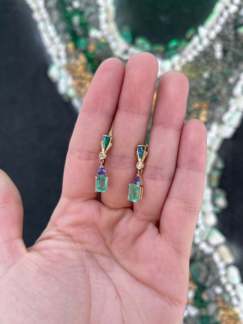 14K Gold Earrings Featuring 3.66tcw of Natural Spring Green Emerald, Tanzanite, Diamond & Opal Trillion Cuts