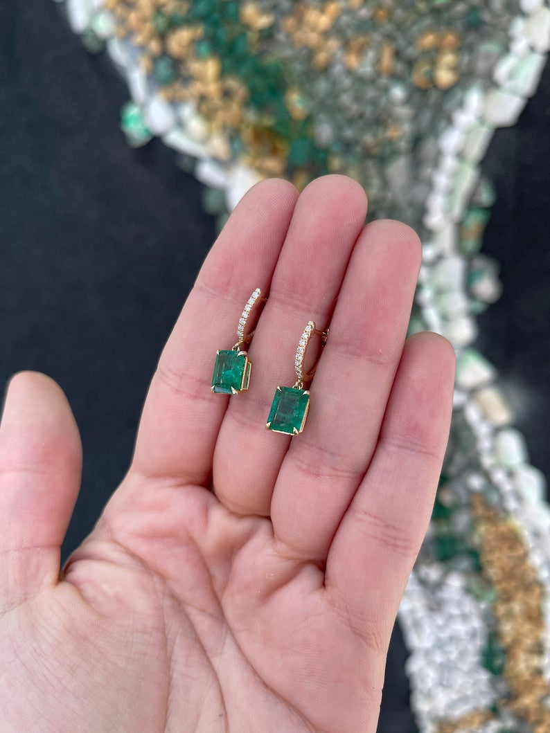 Lush Green Emerald & Diamond Dangle Huggies: 14K Gold Earrings with 4.40 Total Carats