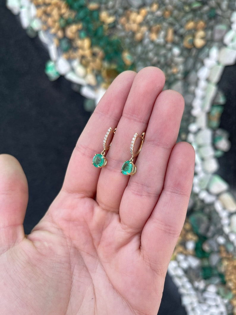 Vivid Spring Green 2.80tcw Emerald & Diamond Accent Earrings in 14K Gold, Knife Edge Design