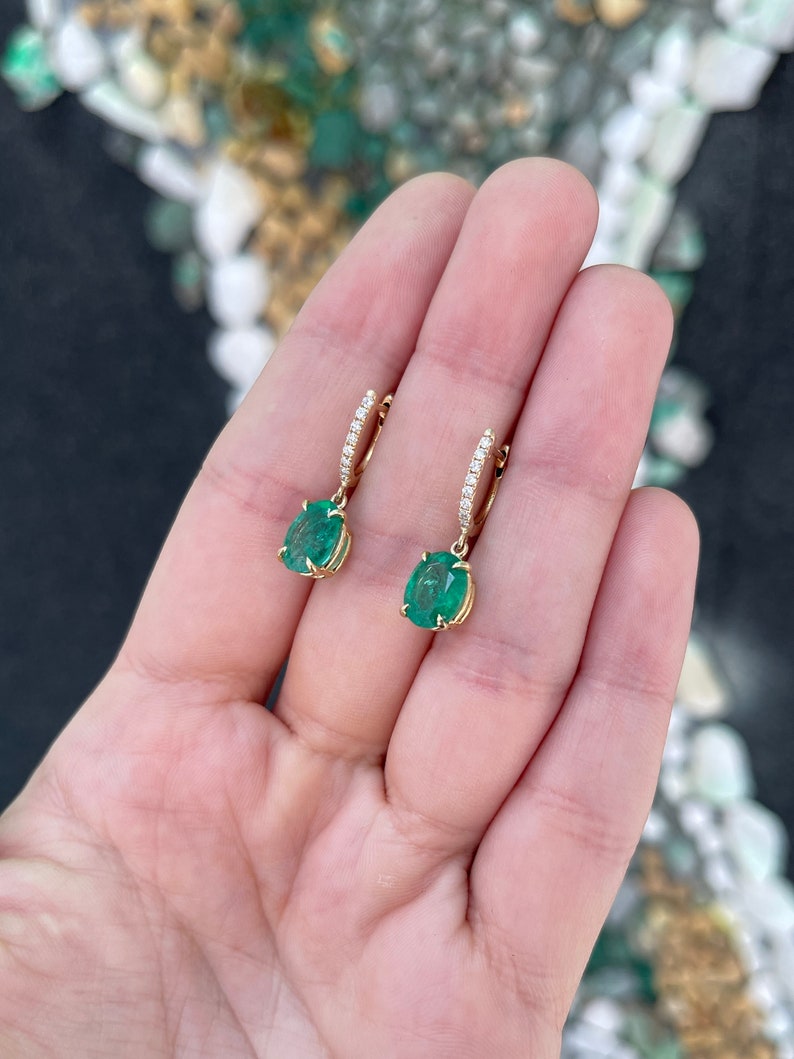 4.30tcw 14K 585 Gold Natural Lush Dark Green Oval Cut Emerald & Diamond Accent Huggie Dangle Earrings - JR Colombian Emeralds