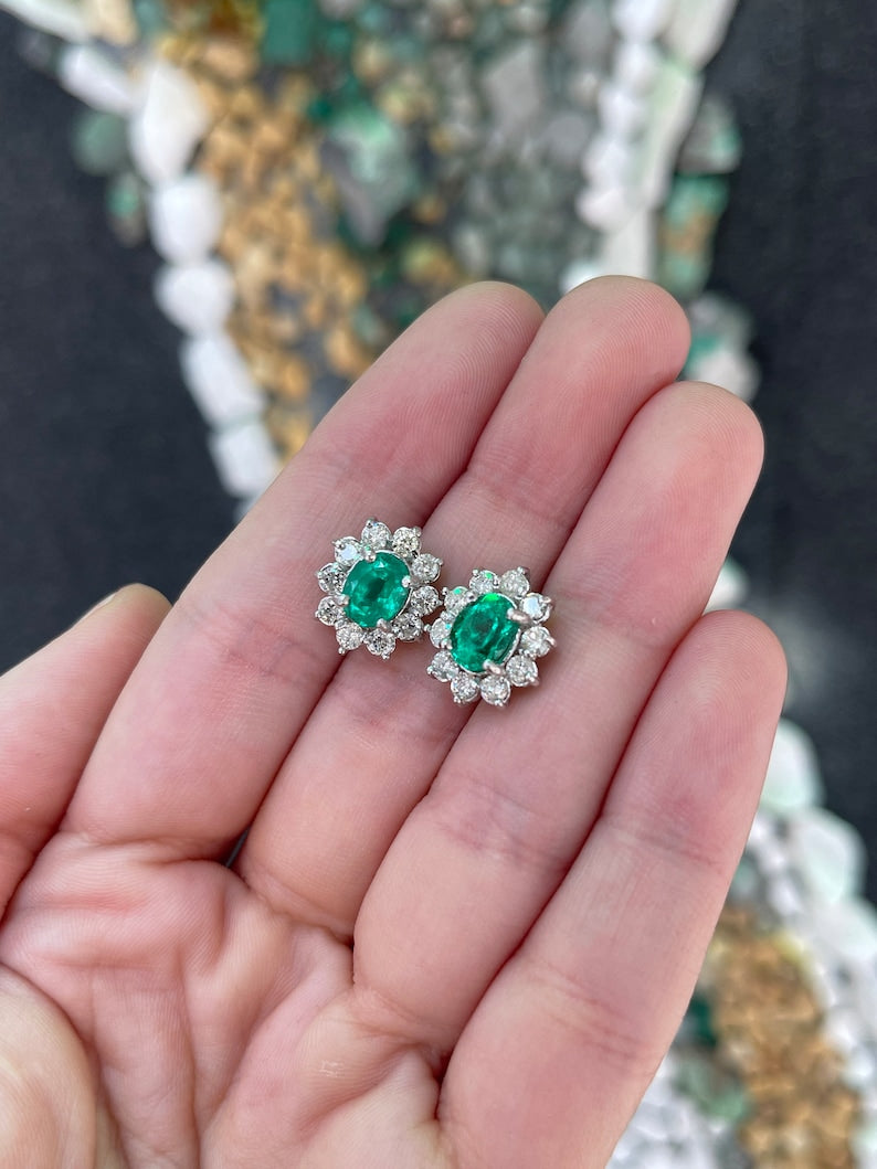 Floral Diamond Halo Earrings featuring 5.0tcw Vivid Emerald in 14K Gold Setting