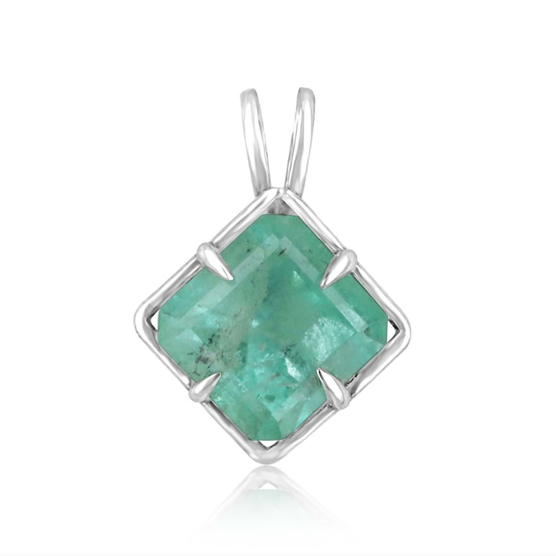 Sterling Silver Pendant with 3.32ct Asscher Cut Natural Emerald - Split Bale Design