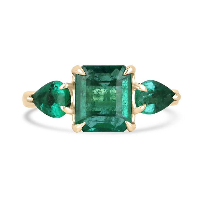Stunning 14K Gold Ring with 3.08tcw Natural Asscher Cut Emerald & Pear Stones