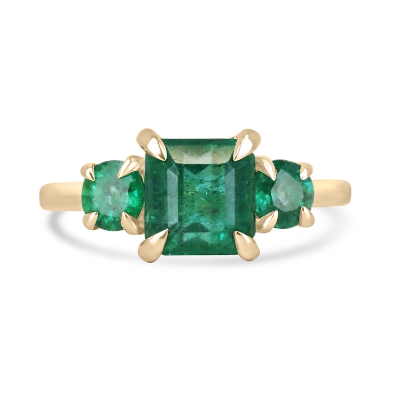 14K Gold Trilogy Ring with 3.01tcw Asscher and Round Cut Emeralds in a Natural Lush Green Shade