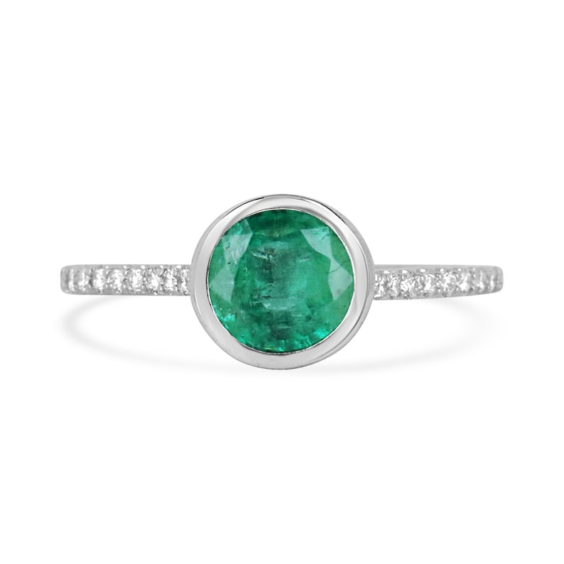 14K Gold Ring with 1.60 Total Carat Weight, Natural Round Emerald Cut in Medium Dark Green, Enhanced by Diamond Shank Accents