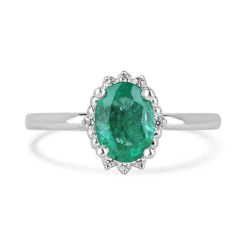 14K Gold Ring with 1.30 Total Carat Weight Oval Cut Emerald and Petite Medium Dark Green Diamond Accents