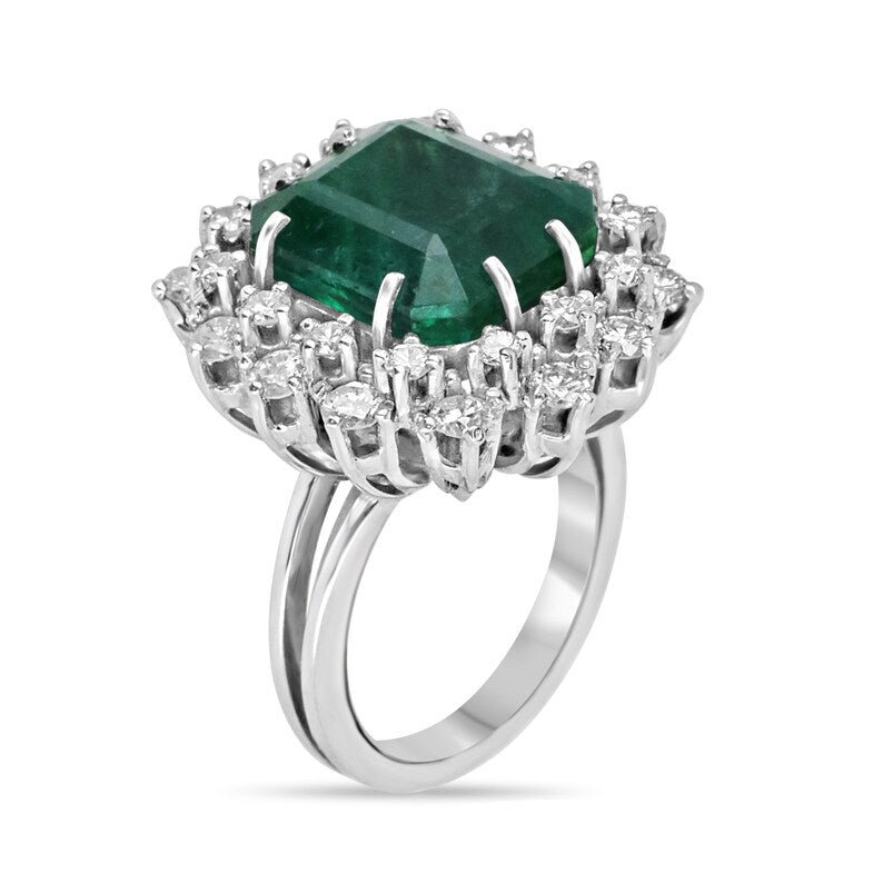 Dark Green Deep Sea Emeralds in a Vintage Double Diamond Halo Ring - 10.40tcw