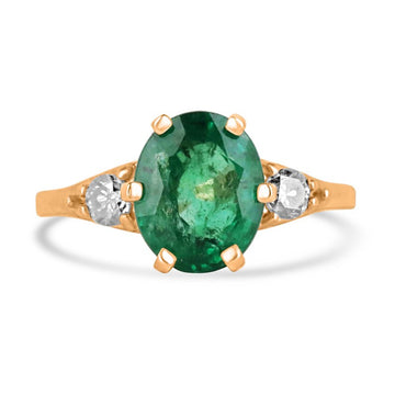 14K Rose Gold Ring with 2.54 Total Carat Weight, featuring Oval Emerald and Round Cut Rich Green Diamonds in a 6-Prong Setting