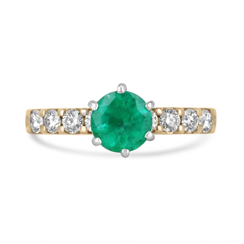 14K Gold Engagement Ring with 1.26 Carat Round Emerald and Diamond Accents in Two-Tone Design