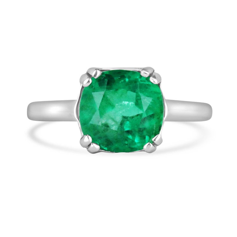 2.42 Carat 14K White Gold Ring Featuring a Natural Cushion Cut Emerald with Rich Vivid Green Hue and Double Prong Setting
