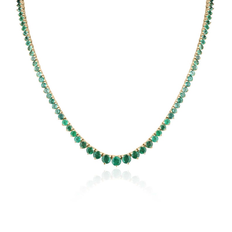 Vibrant Green Emerald Tennis Necklace: 14K Gold Chain, 22.25tcw