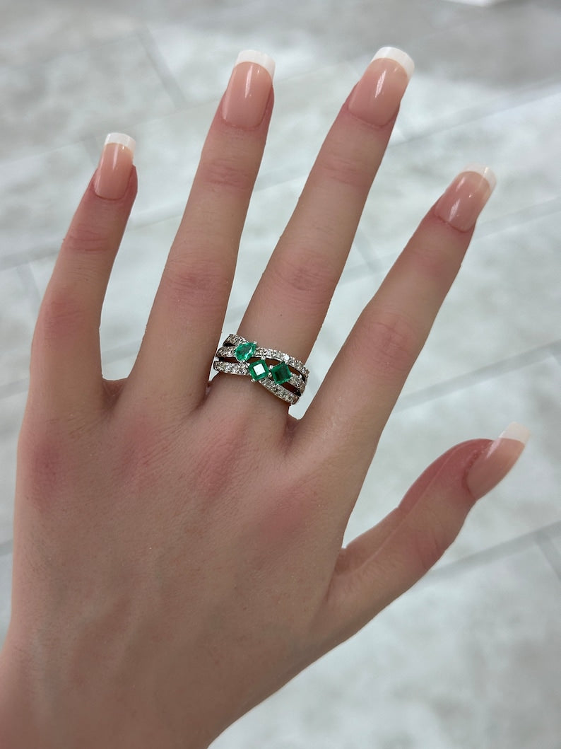 1.20tcw 14K Natural Emerald & Diamond Accent Princess Cut Statement 3 Stone Pave Shank Ring - JR Colombian Emeralds