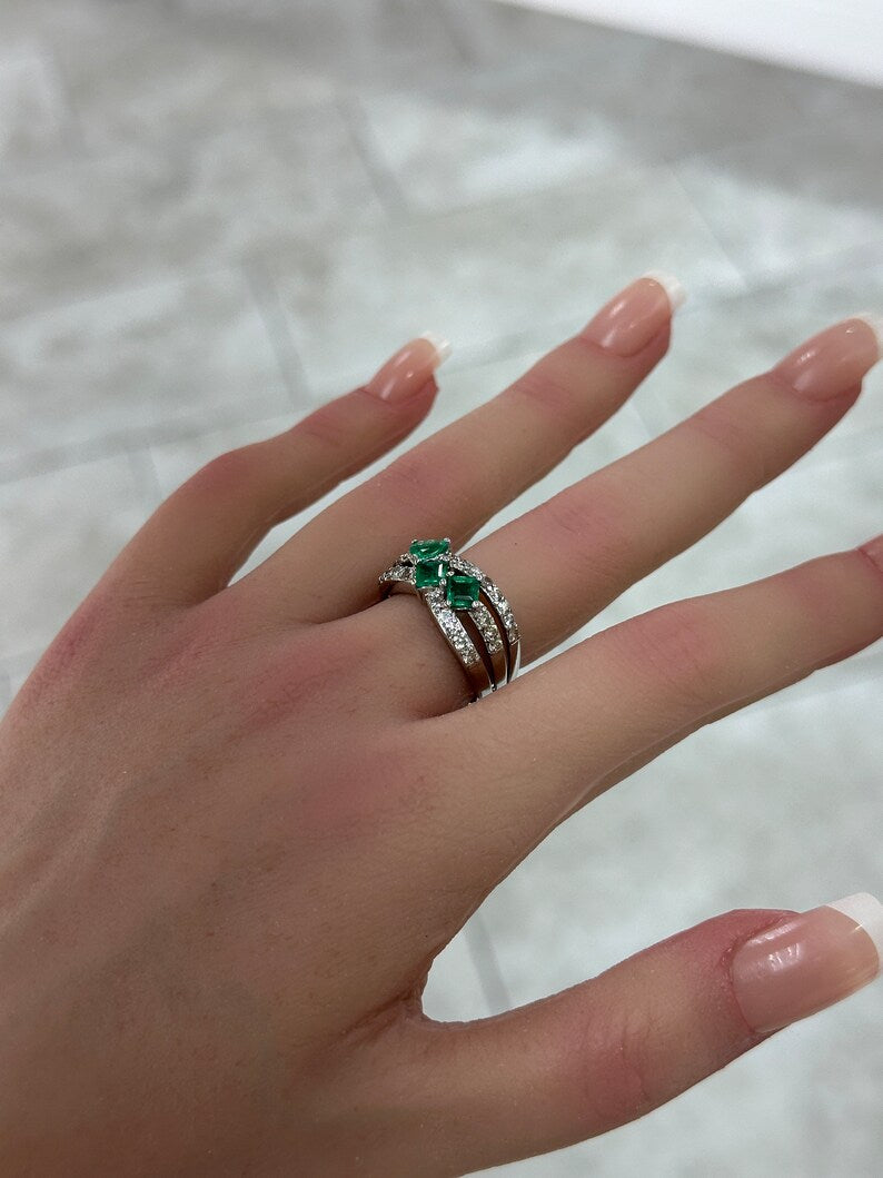 1.20tcw 14K Natural Emerald & Diamond Accent Princess Cut Statement 3 Stone Pave Shank Ring - JR Colombian Emeralds