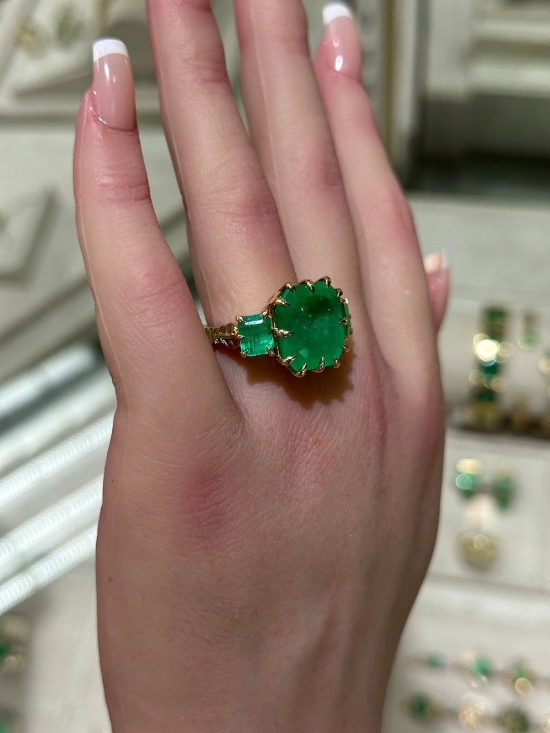 18K Gold Three-Stone Trilogy Ring: 13.73tcw Vivid Green Emeralds