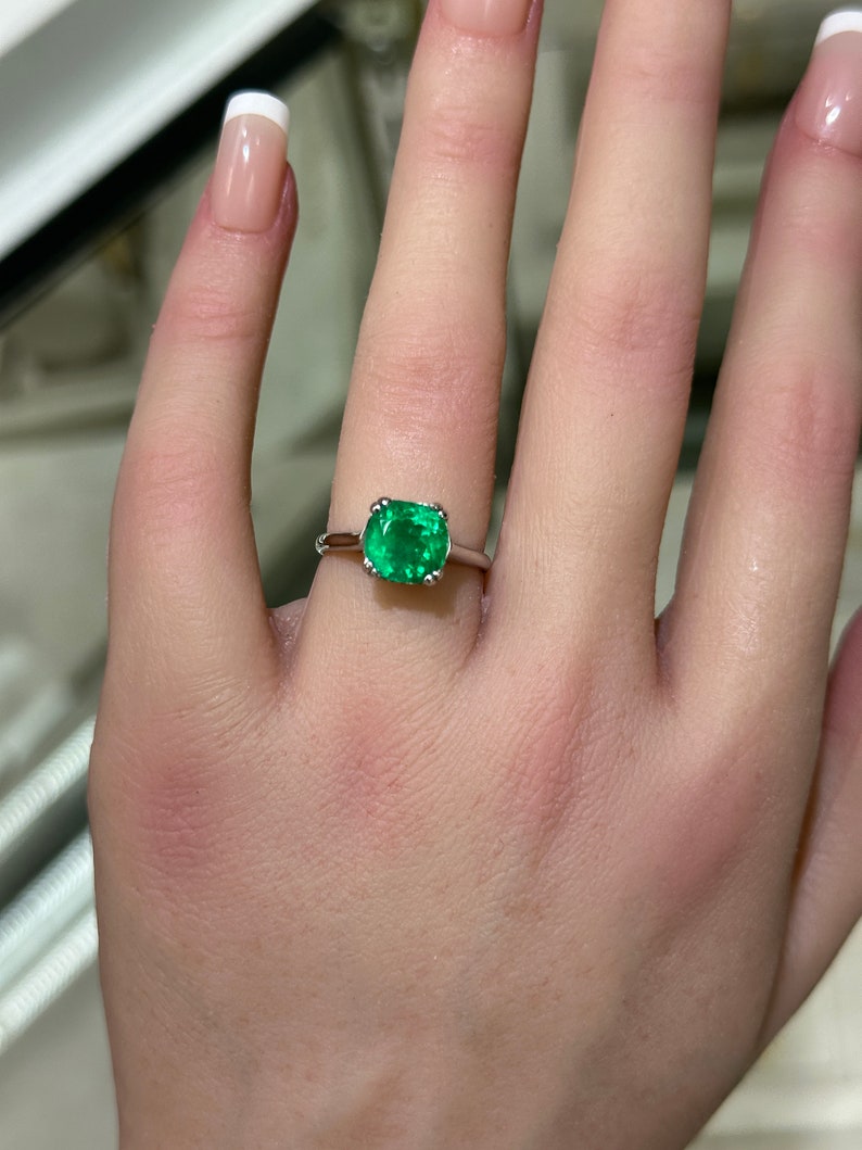 Double Prong Setting 14K White Gold Ring Showcasing a 2.42ct Natural Cushion Cut Emerald with Rich Vivid Green Color