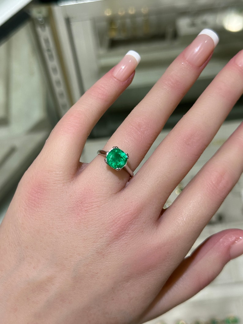 2.42ct 14K Natural Cushion Cut Rich Vivid Green Double Prong Emerald Solitaire White Gold Ring - JR Colombian Emeralds