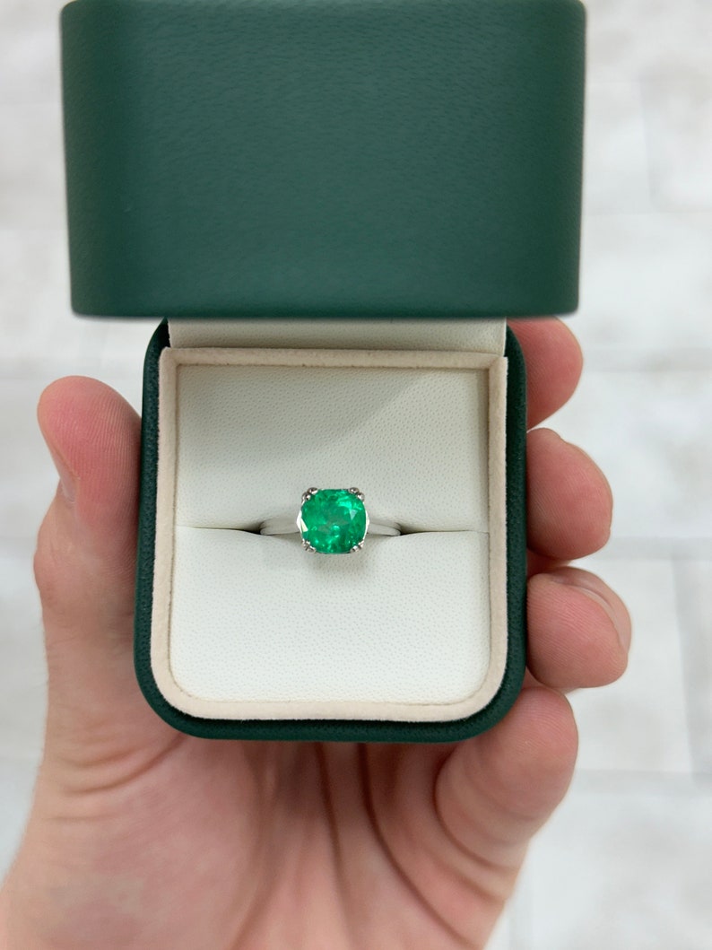 2.42ct 14K Natural Cushion Cut Rich Vivid Green Double Prong Emerald Solitaire White Gold Ring