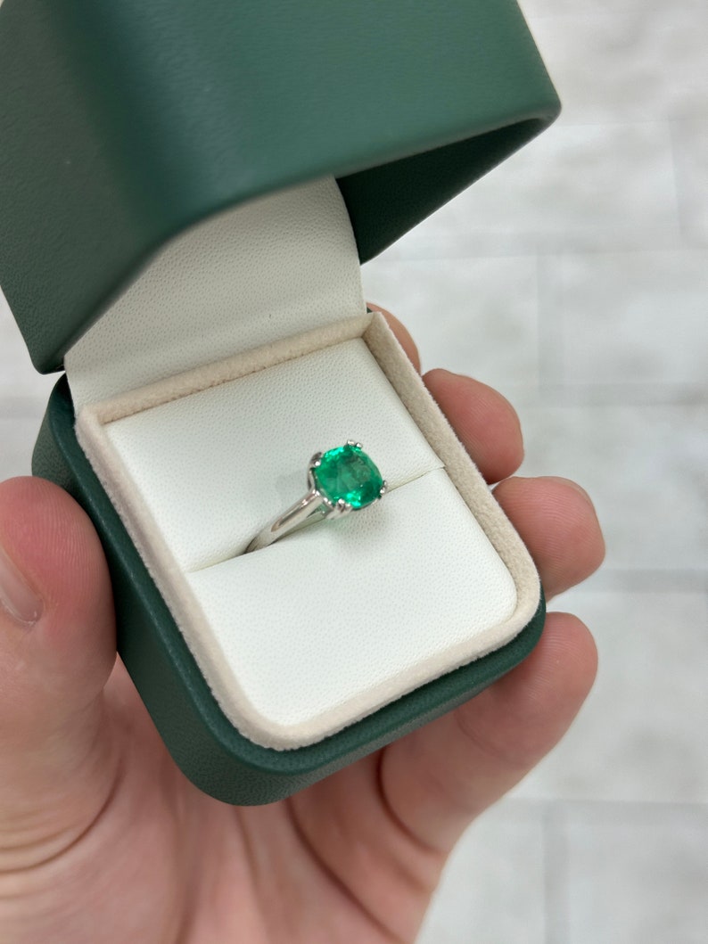 2.42ct 14K Natural Cushion Cut Rich Vivid Green Double Prong Emerald Solitaire White Gold Ring - JR Colombian Emeralds