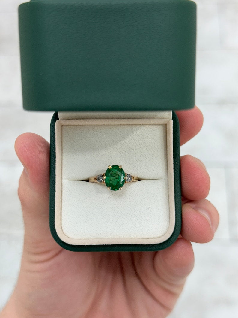 2.54tcw Oval Emerald & Round Cut Rich Green Diamond 6-Prong 3 Stone Ring 14K - JR Colombian Emeralds