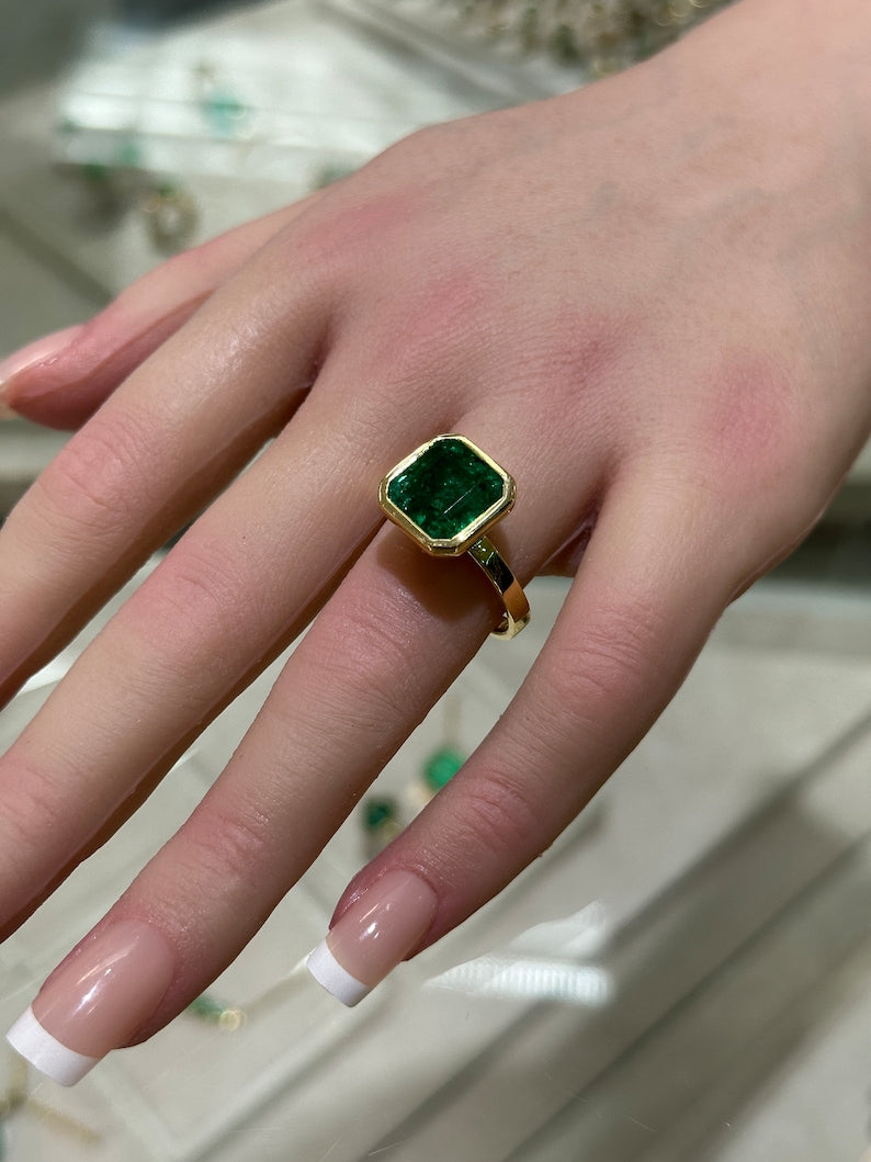 6.08ct 18K 750 Gold Dark Forest Green Large Asscher Cut Emerald Solitaire Engagement Ring - JR Colombian Emeralds