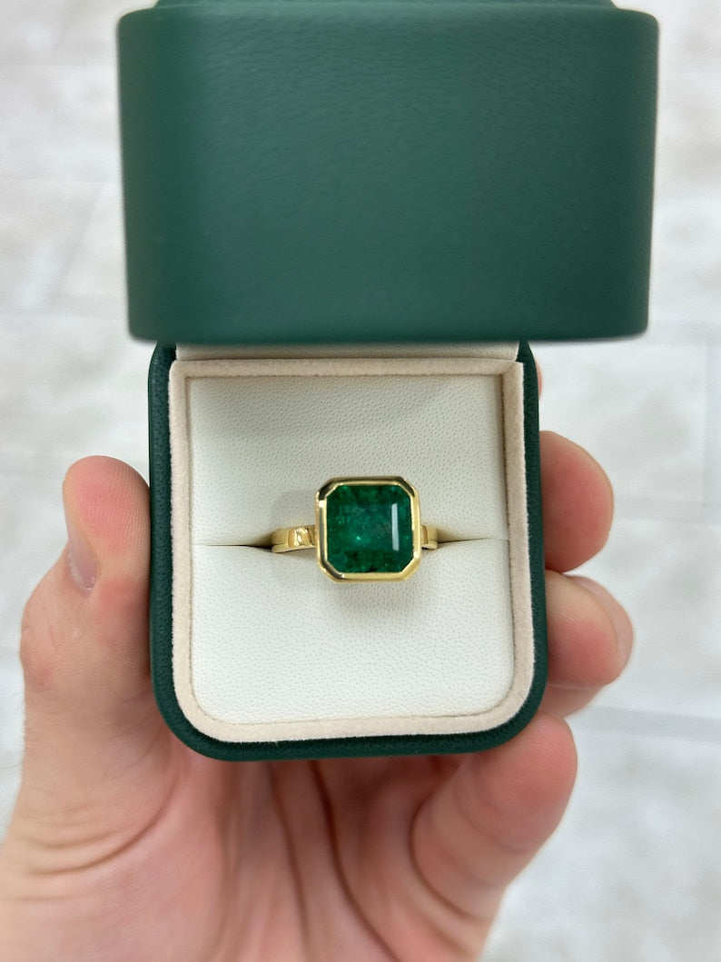 6.08ct 18K 750 Gold Dark Forest Green Large Asscher Cut Emerald Solitaire Engagement Ring - JR Colombian Emeralds