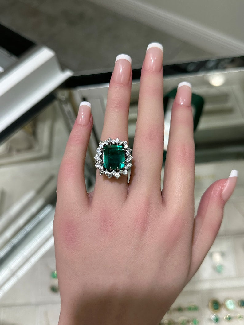 10.40tcw Natural Deep Sea Green Vintage Ring Featuring Double Diamond Halo