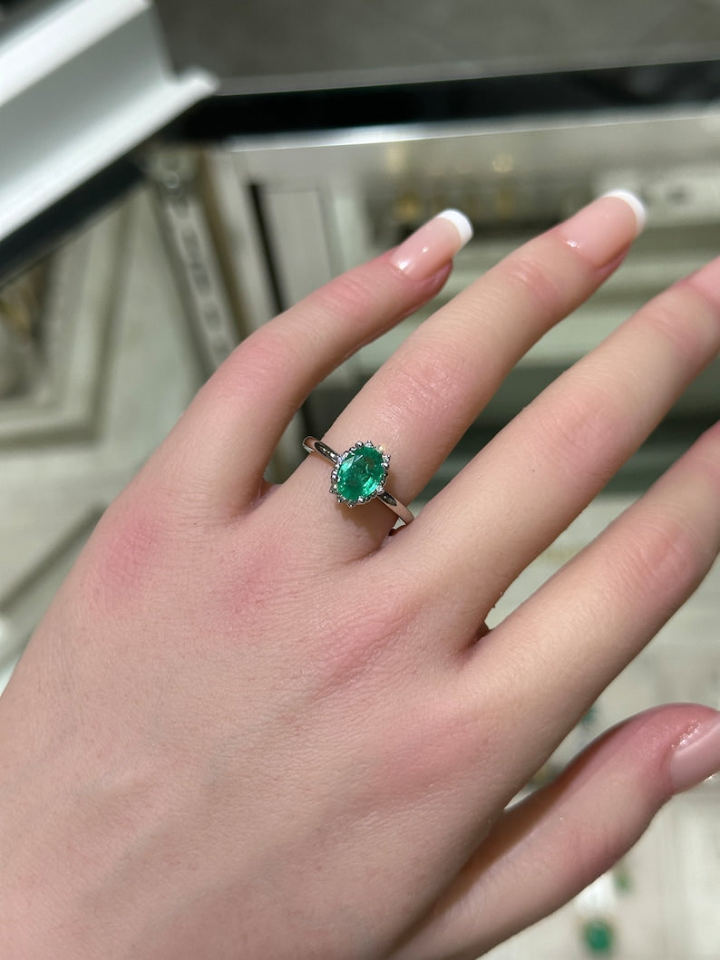 Oval Cut Emerald Ring in 14K Gold with Petite Medium Dark Green Diamond Accents - 1.30tcw