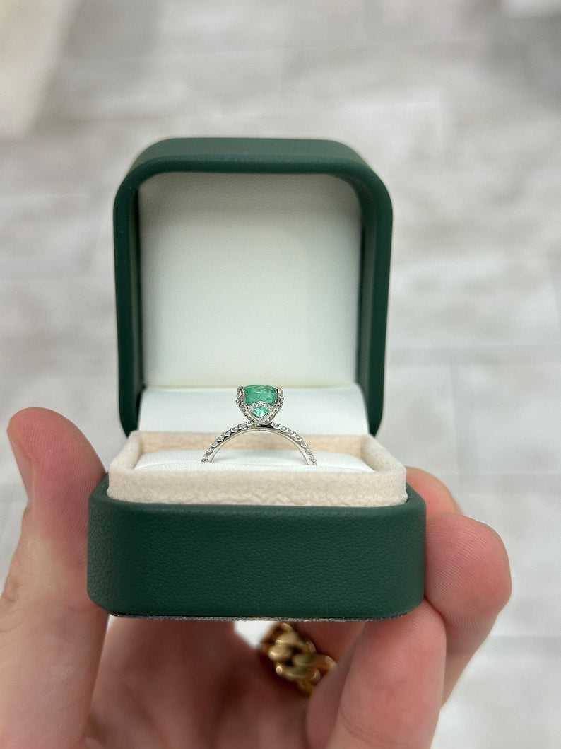 2.40tcw 14K 585 Gold Medium Light Green Cushion Emerald & Diamond Accent Engagement Ring
