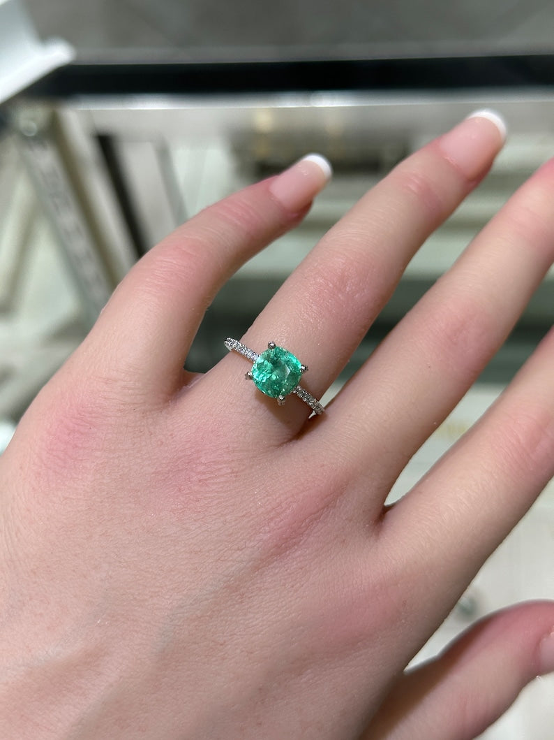14K 585 Gold Ring Featuring Medium Light Green Cushion Emerald and 2.40tcw Diamonds