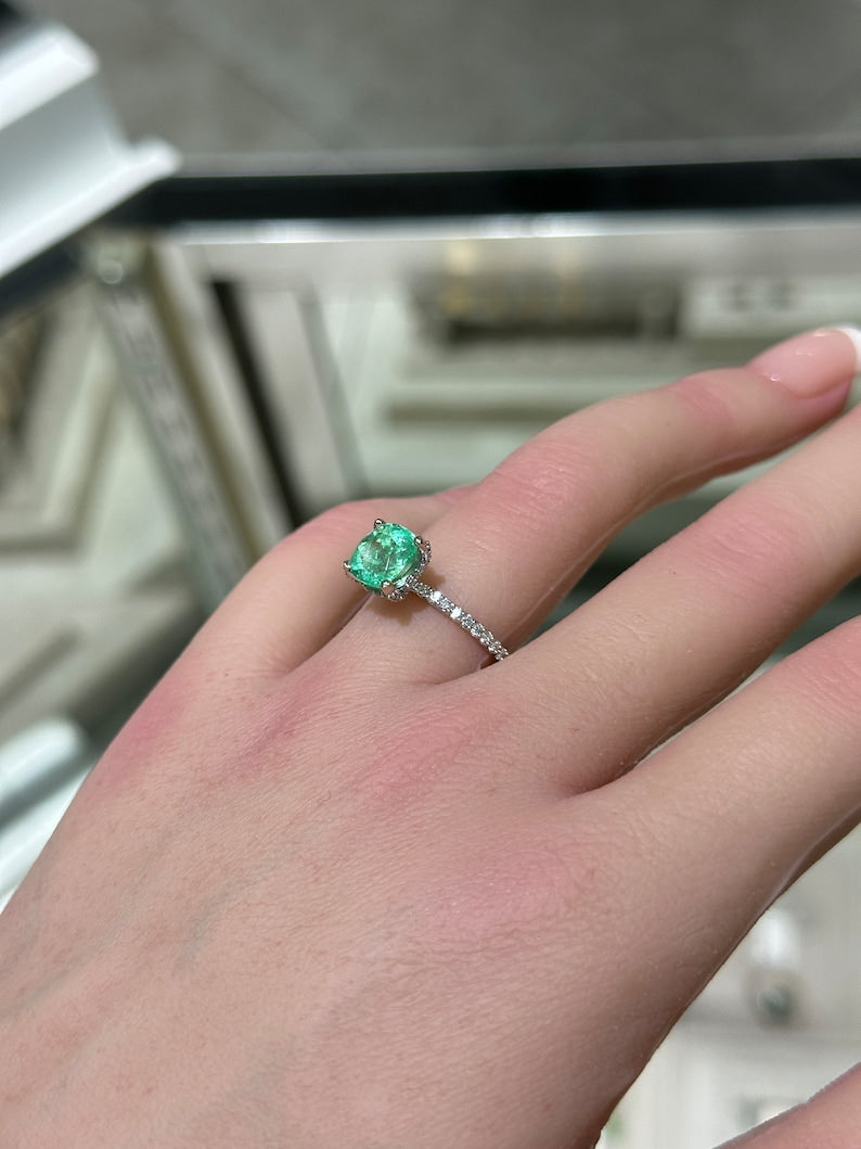 2.40tcw 14K 585 Gold Medium Light Green Cushion Emerald & Diamond Accent Engagement Ring - JR Colombian Emeralds