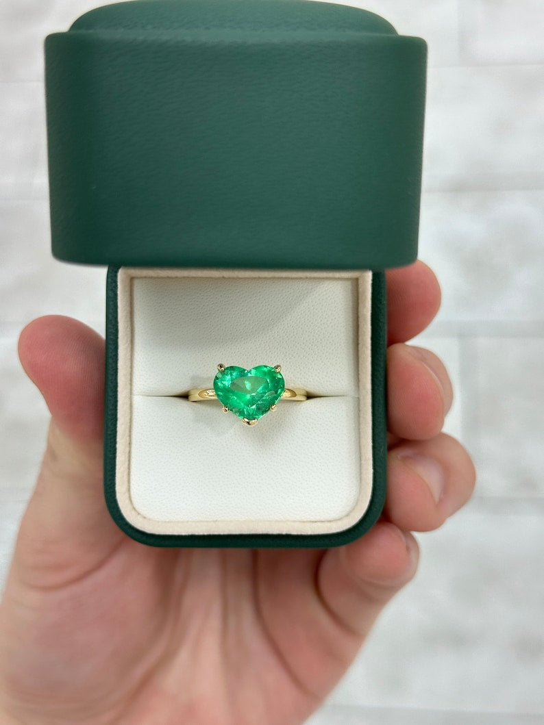 18K Gold Electric Emerald Ring: Captivating 5-Prong Solitaire with a Heart Cut and 4.53ct Weight